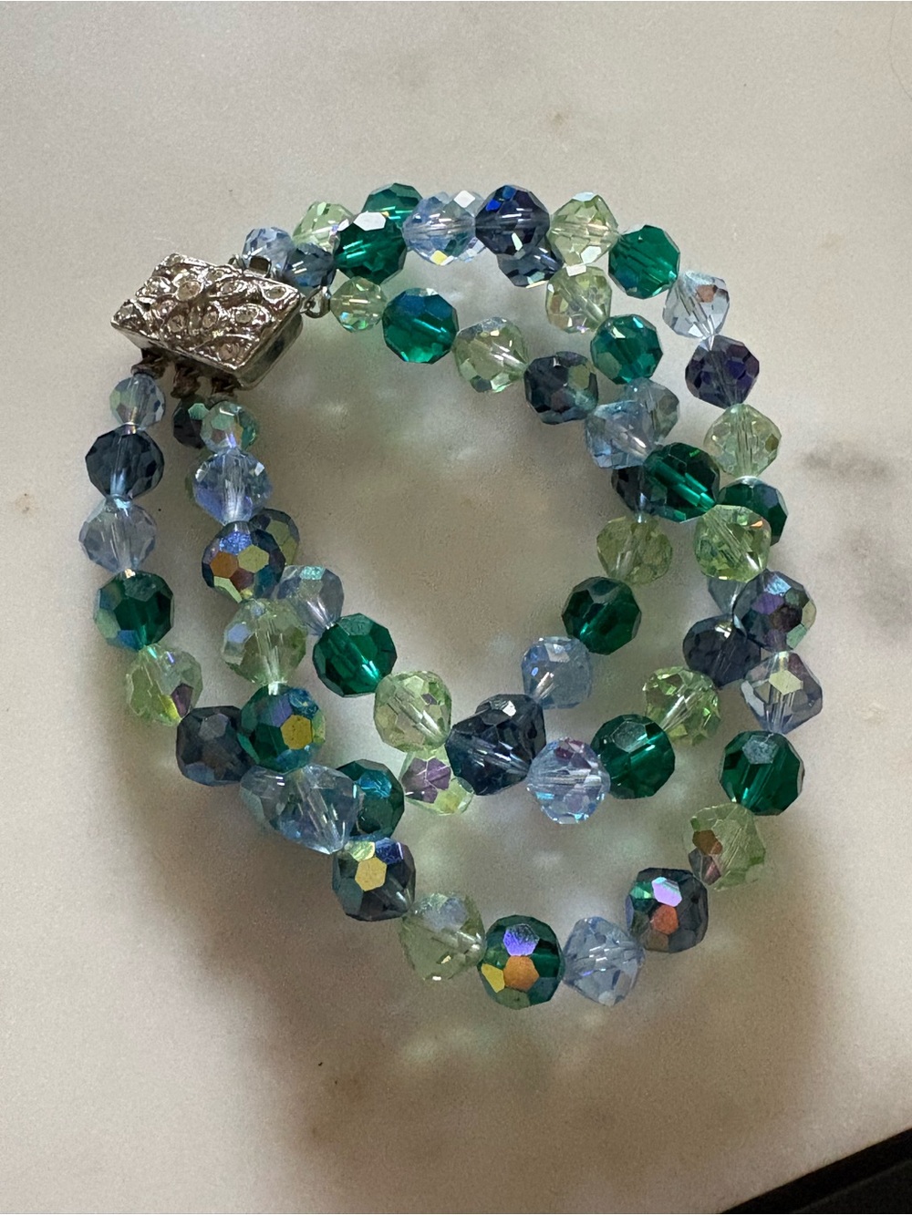 Vintage Crystal Beaded AB Triple Strand Bracelet in Greens & Blues